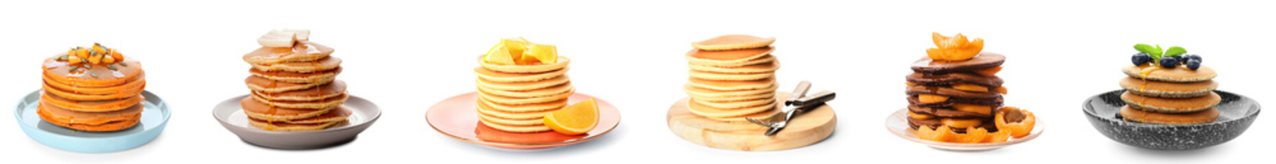 Collection of delicious pancakes on white background