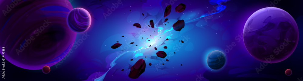 Wall mural cartoon blue space background with glowing galaxy nebula and flying rocks and planets in dark starry