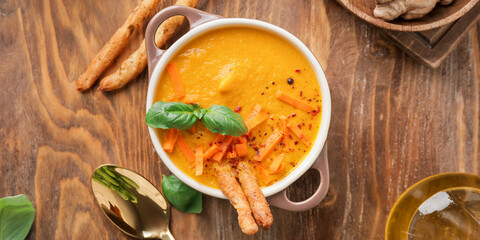 Pot of fresh carrot cream soup on wooden background