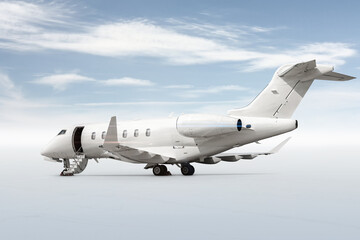 Modern white executive airplane with an opened gangway door isolated on bright background with sky
