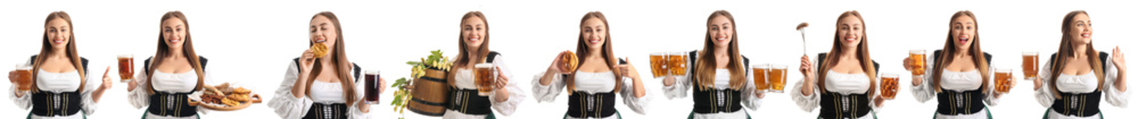 Set of young Octoberfest waitress with beer and snacks on white background