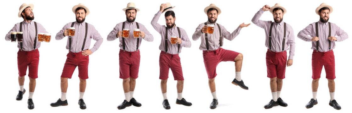 Set of handsome man in traditional  German clothes and with beer on white background