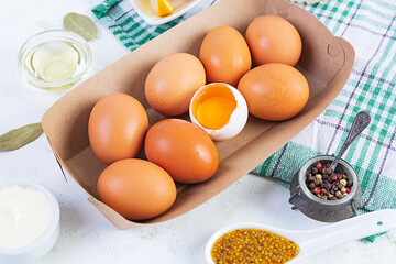 Ingredients for mayonnaise. Delicious homemade mayonnaise with ingredients for sauce. Healthy homemade food.