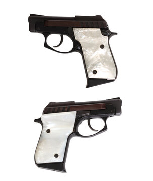 Small Black 22 Caliber Handgun With Pearl Grips On White Background