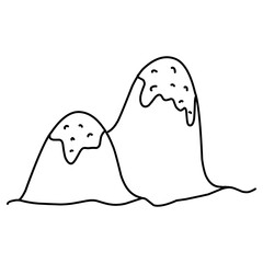 Mountains covered with snow Illustration. Hand-drawn doodles illustration.
Line art. 