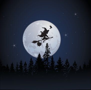 Silhouette of a witch a crow flying on a broomstick across a  realistic full moon Halloween.