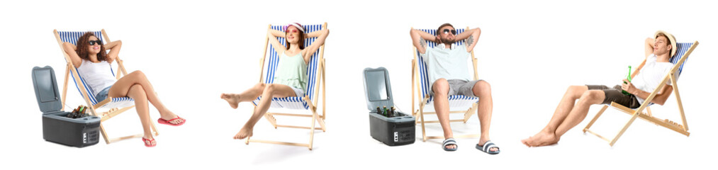 Set of relaxing young people sitting on deck chairs against white background - Powered by Adobe
