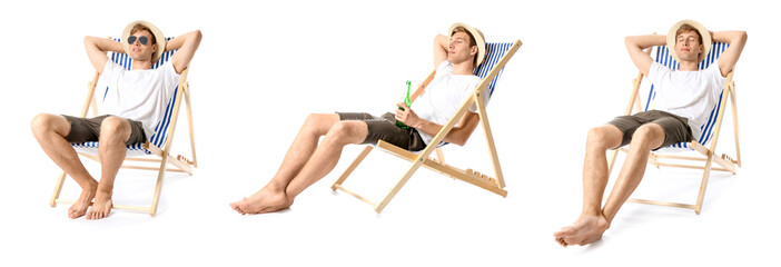 Set of young man with bottle of beer sitting on deck chair against white background - Powered by Adobe