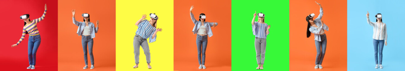 Set of young woman with virtual reality glasses on color background