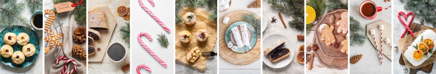 Set of delicious Christmas desserts, top view
