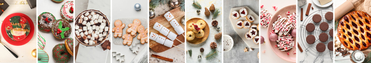 Set of delicious Christmas desserts and cacao drink on light background, top view