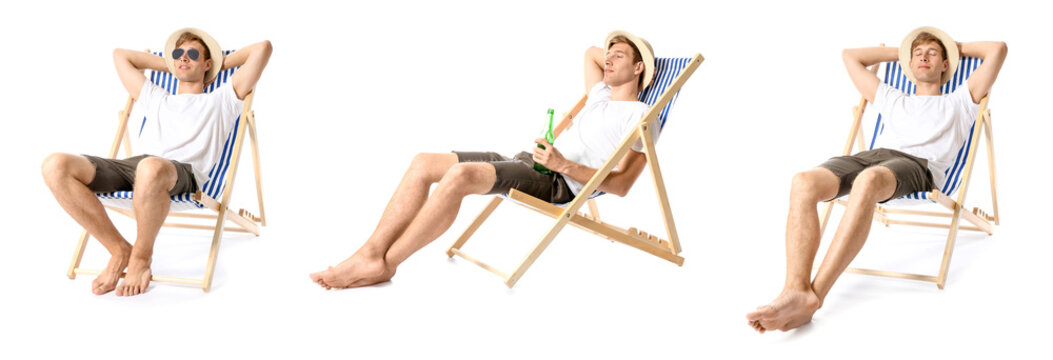 Set of young man with bottle of beer sitting on deck chair against white background