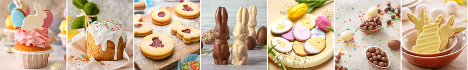 Group of beautiful Easter desserts on light background