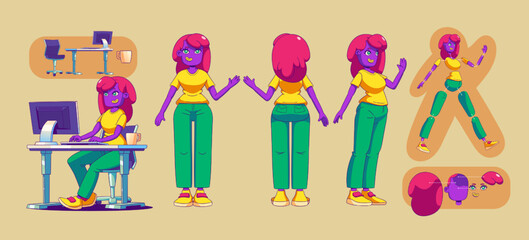 Fototapeta premium Girl character for animation, woman side rear front view. Body and face constructor and workplace desk with pc. Contemporary cartoon female office worker or freelancer personage, Vector illustration