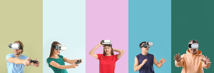 Set of people with virtual reality glasses on color background