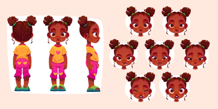Little black girl cartoon character for animation front, side and rear view. African baby constructor and emotions set, cute toddler face expression sad, happy, cry and angry, Vector illustration