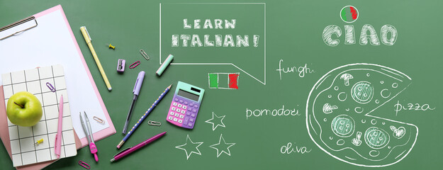 Stationery and text LEARN ITALIAN on school blackboard