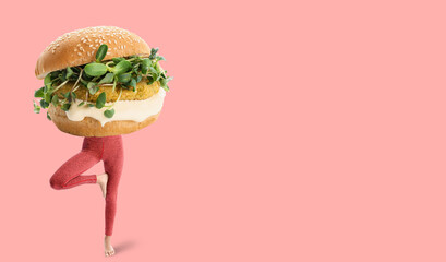 Legs of sporty woman and tasty vegan burger on pink background with space for text