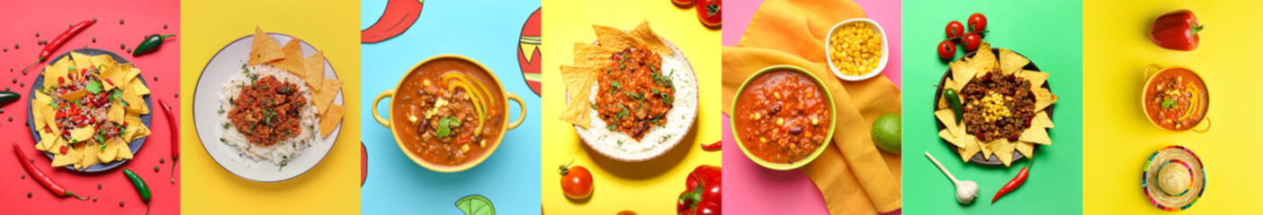 Collage of tasty chili con carne with rice and nachos on color background, top view