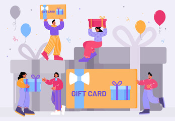 Gift card, customers reward and loyalty program concept. Tiny buyers at huge wrapped gift box receive present from store. Consumerism, special offer for clients, sale Line art flat vector illustration