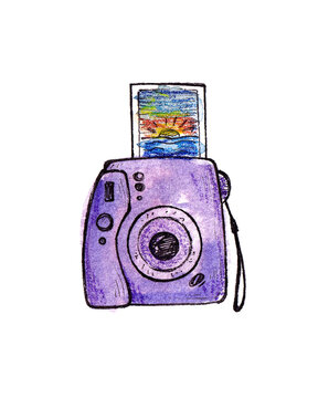 purple polaroid isolated on white background. summer photo instant print. doodle illustration for printing stickers, logo, postcards, souvenirs. watercolor hand drawing camera.