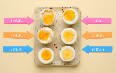 Timing of boiling chicken eggs on light background