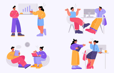 Fototapeta premium People conflict on workplace in business office. Vector flat illustration of angry employees talk, quarrel and argue with colleagues. Concept of communication problems in team