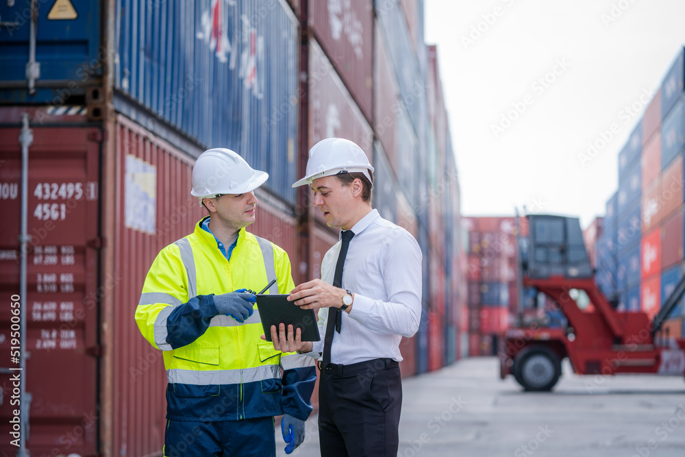 Poster Engineer container cargo with worker working and checking stock into container for loading,logistic and business export,Cargo Shipping Import and Export industry.