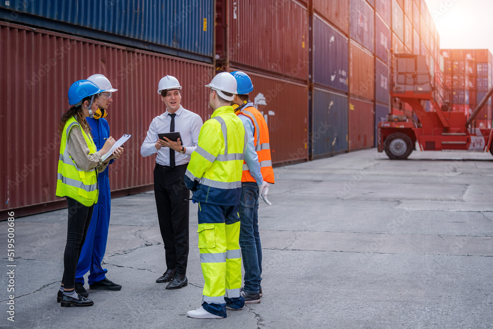 Poster engineer team planning the transportation of goods for import or export in the container yard,logist