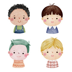 Set of watercolor little boy faces, avatars, kid heads different nationality set 1.