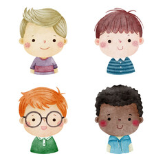Set of watercolor little boy faces, avatars, kid heads different nationality set 2.