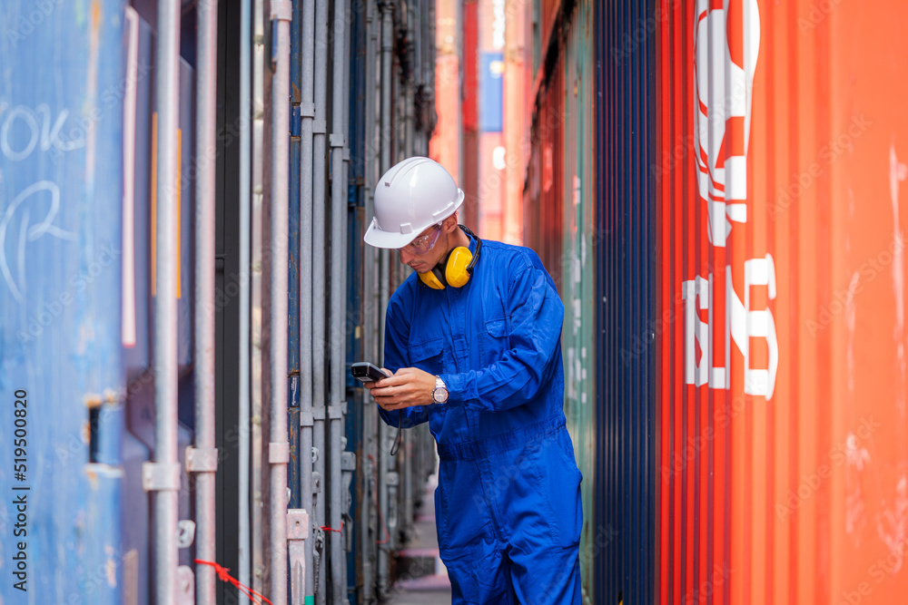 Poster professional container yard workers are working and checking at container yard warehouse,cargo shipp