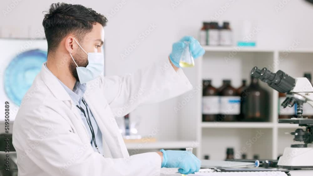 Aufkleber Scientist and research or medical engineer doing experiments to create a cure in a lab while wearing a mask. Healthcare professional working with science equipment and writing notes in a laboratory