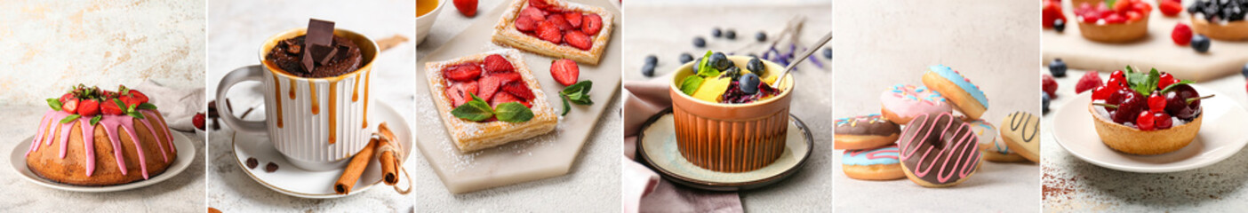 Collage of delicious desserts on light background - obrazy, fototapety, plakaty