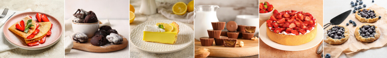 Collage of delicious desserts on table