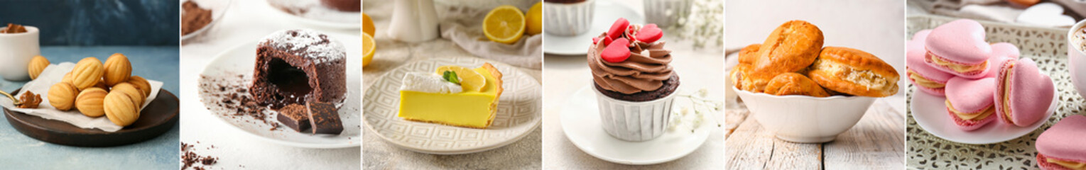 Group of tasty desserts on table