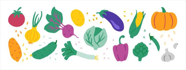 Set of flat vector vegetable icons. Healthy food, organic food, diet, vegetarianism and vitamins symbols. Vector flat hand drawn illustration