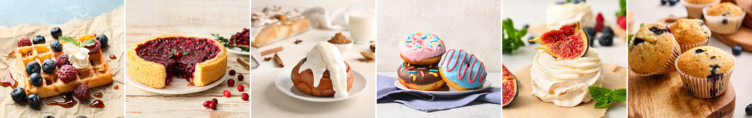Set of traditional desserts on light background