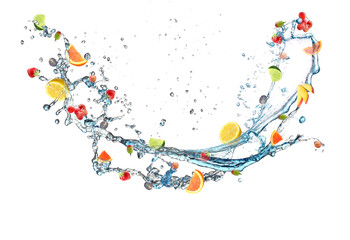Fototapeta premium Different flying fruits and splash of water on white background