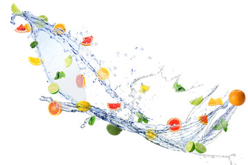 Different flying citrus fruits and splash of water on white background