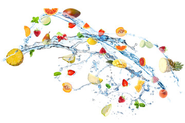 Different flying fruits and splash of water on white background