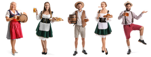 Set of people in traditional German costumes with beer and snacks on white background