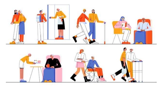 Elder care and help concept. Volunteers support seniors, young and old people read, shopping, walk on wheelchair, courier deliver food. Social workers and pensioners, Linear flat vector illustration