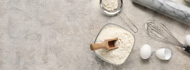 Ingredients for baking on grunge background with space for text