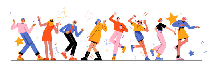 People listen music and dance, young male and female characters with players and headphones enjoying melodies. Excited men and women listening play list, moving body Line art flat vector illustration