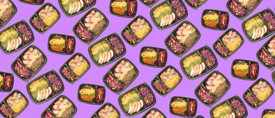 Plastic boxes with tasty food for delivery on purple background