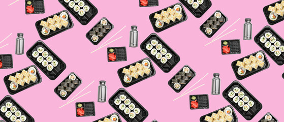 Plastic boxes with tasty sushi roll for delivery on pink background