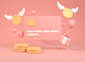 3d Rendering Credit Card Celebrate Concept, Money Saving, Gift Box Balloon, Coin Flying, Illustration Background