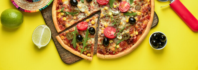 Board with tasty pizza on yellow background, top view