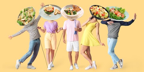 Different people with plates of tasty Caesar salad instead of their heads on color background